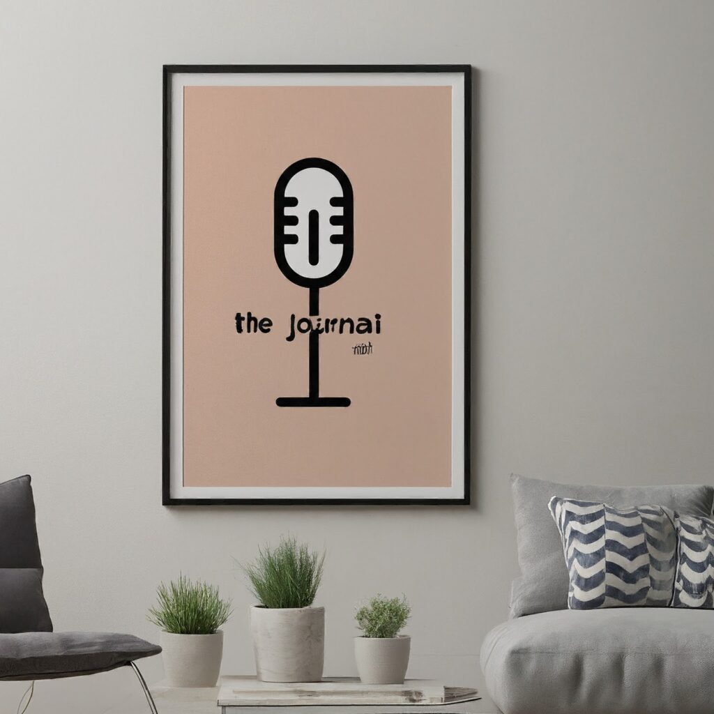 The image above shows the podcasting studio lounge with the Logo of the Podcast Network called The Journal